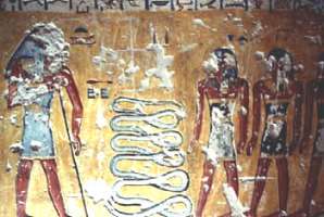 Atoum (à gauche) combat Apophis (Tombe de Ramses II)